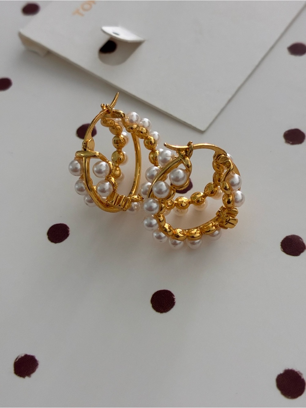Tory Burch Gold Hoop Earrings with White Pearls - Women Jewelry